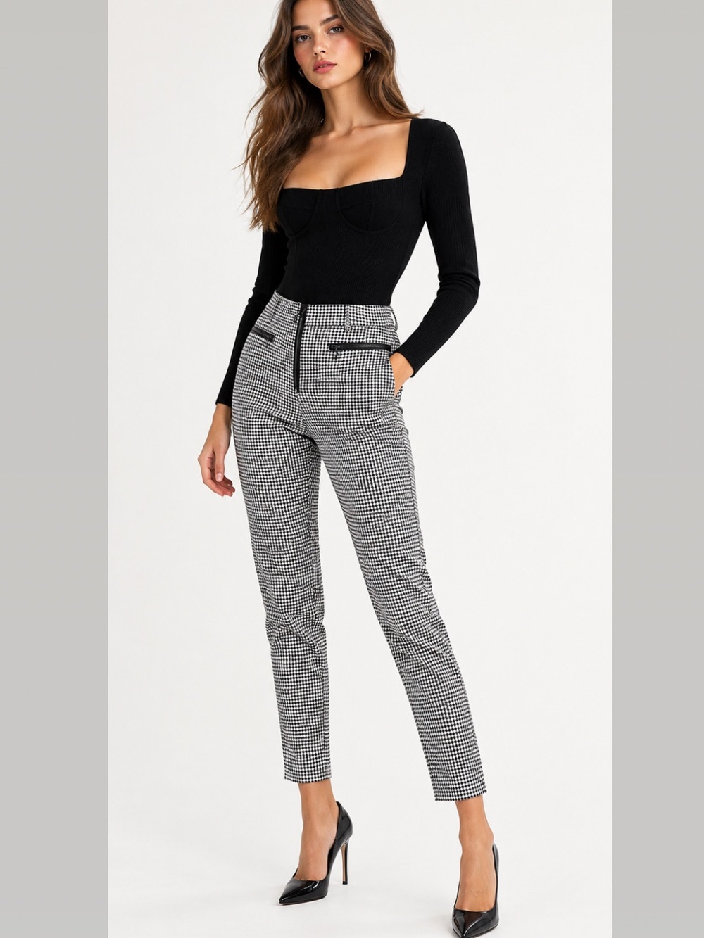 High-Rise Houndstooth Slim Pants - Black/White